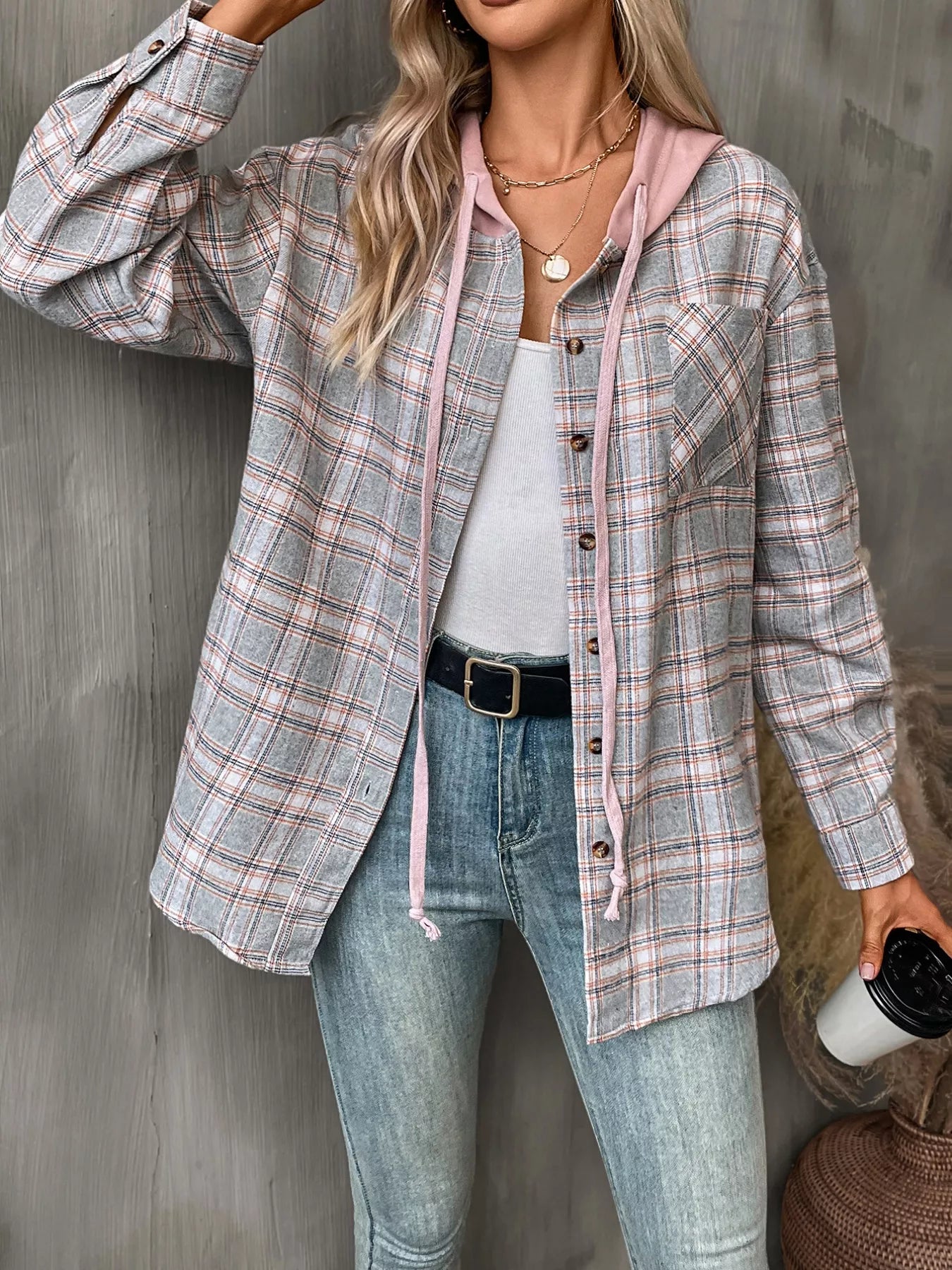 Plaid Button-Up Hooded Shirt with Chest Pocket