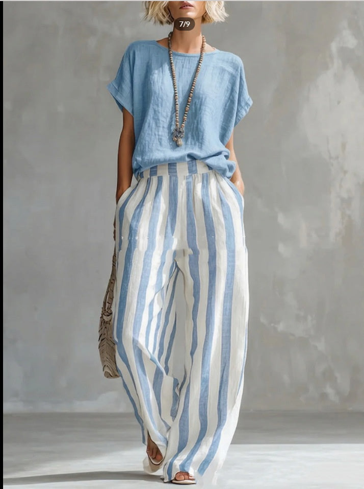 Short-sleeved Trousers Suit Summer Fashion Round Neck Pullover T-Shirt And Striped Print Straight Leg Pants Two-Piece Clothing For Women
