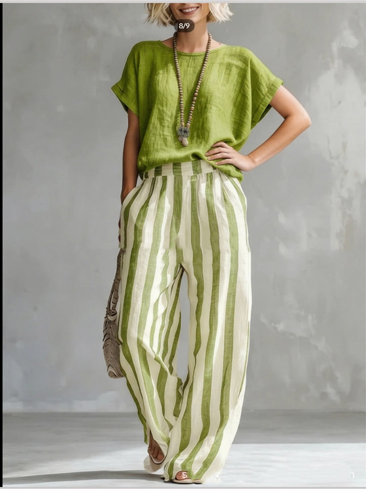 Short-sleeved Trousers Suit Summer Fashion Round Neck Pullover T-Shirt And Striped Print Straight Leg Pants Two-Piece Clothing For Women