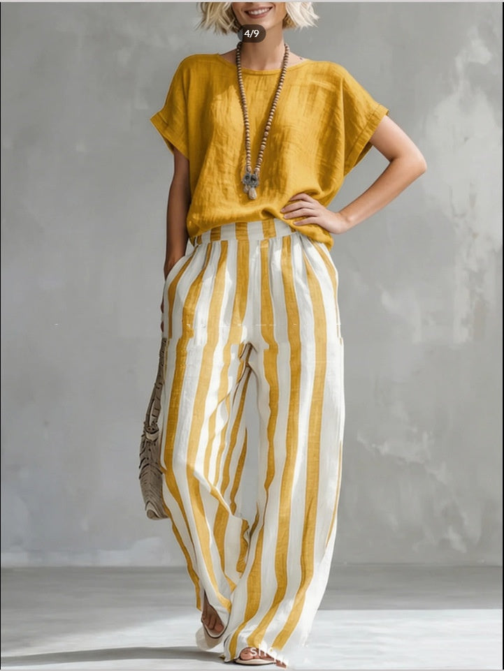 Short-sleeved Trousers Suit Summer Fashion Round Neck Pullover T-Shirt And Striped Print Straight Leg Pants Two-Piece Clothing For Women