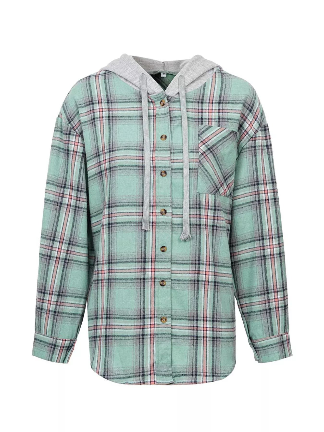 Plaid Button-Up Hooded Shirt with Chest Pocket