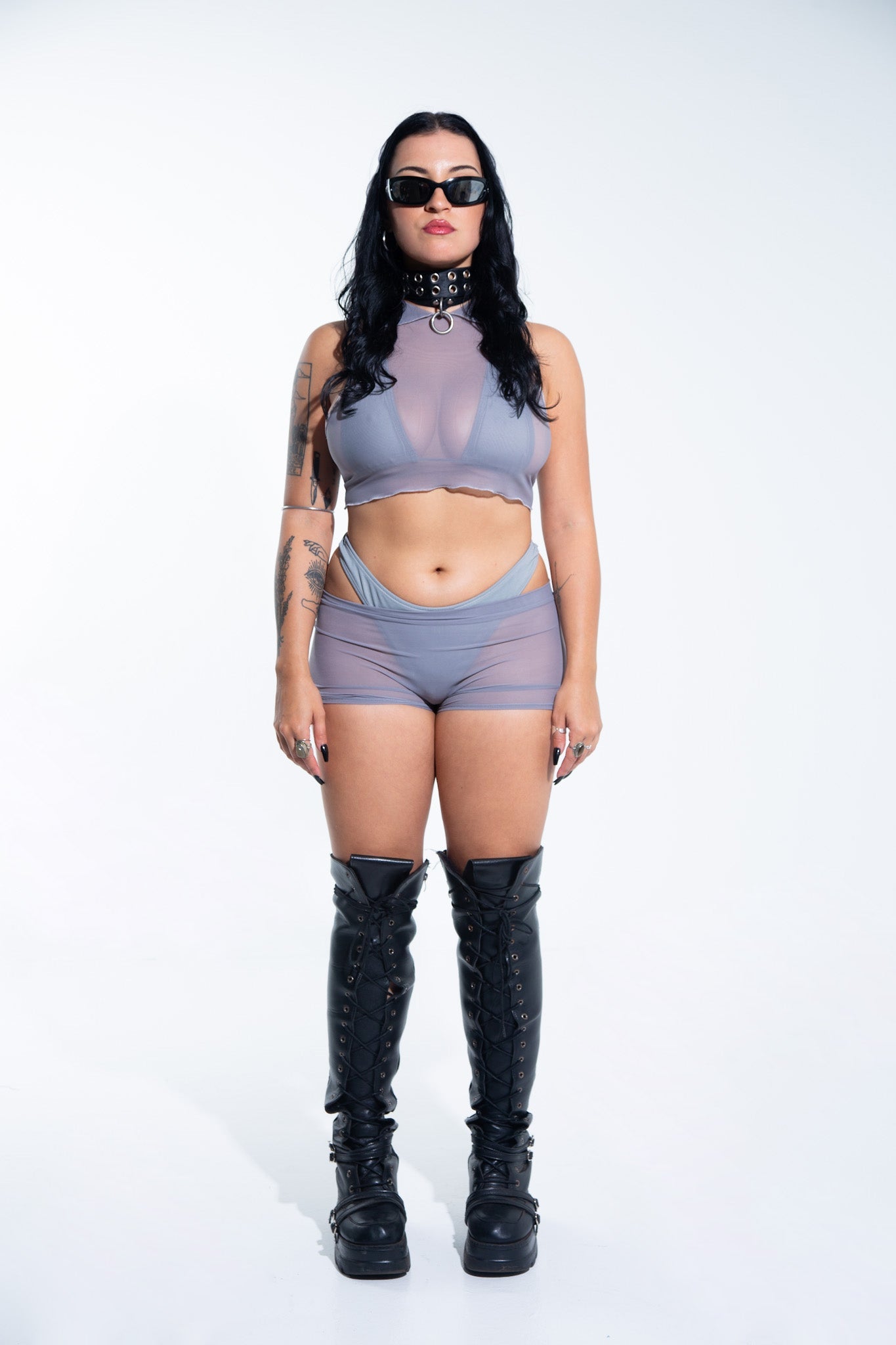 Hooded Crop Tank Top - Gray Mesh