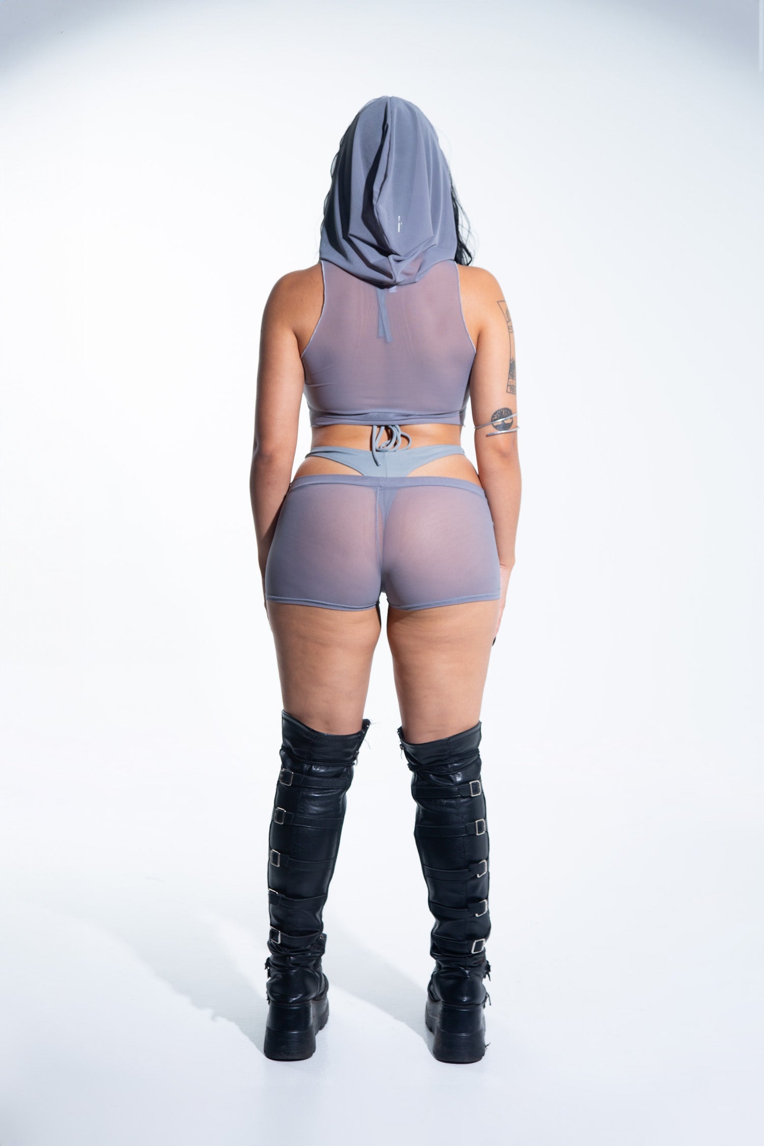Hooded Crop Tank Top - Gray Mesh