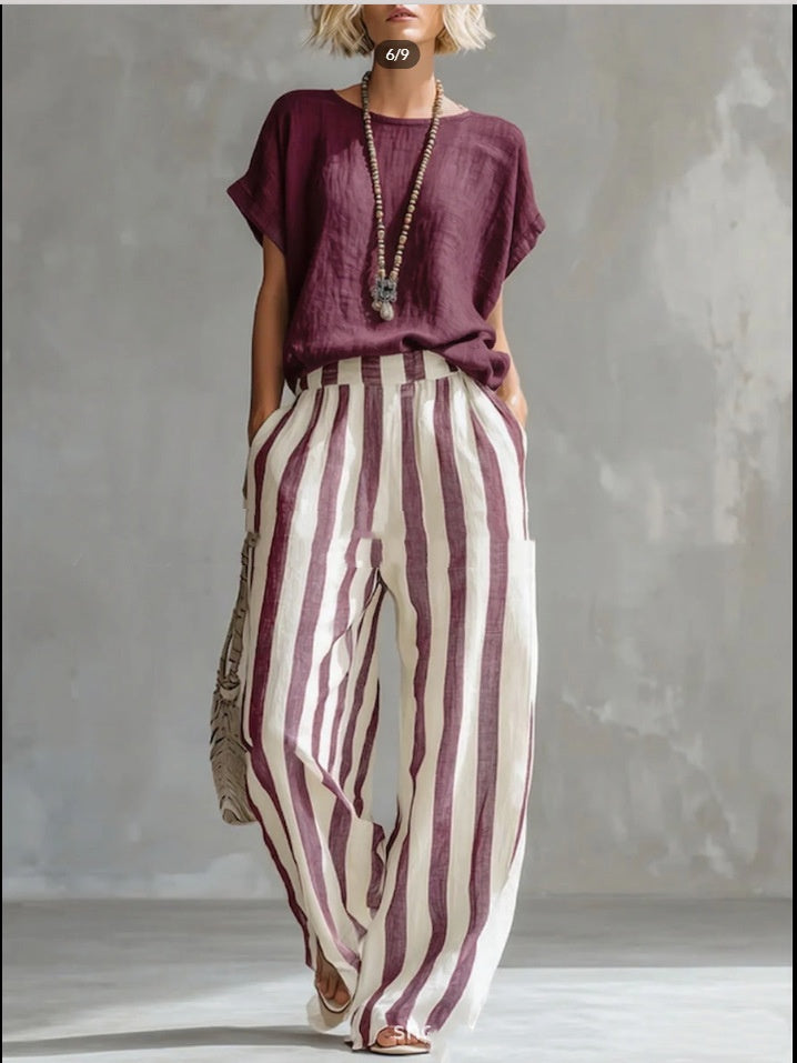 Short-sleeved Trousers Suit Summer Fashion Round Neck Pullover T-Shirt And Striped Print Straight Leg Pants Two-Piece Clothing For Women