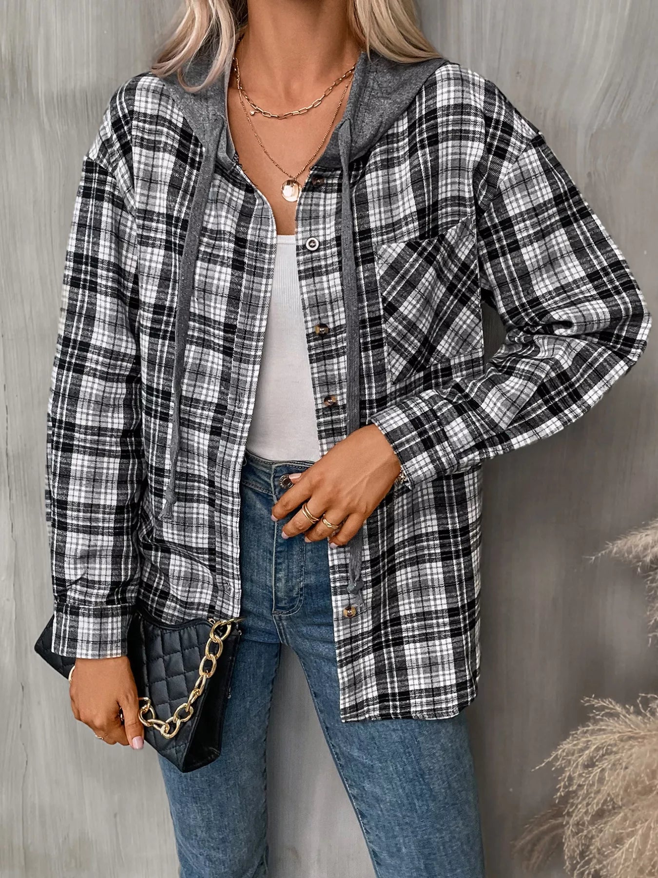 Plaid Button-Up Hooded Shirt with Chest Pocket